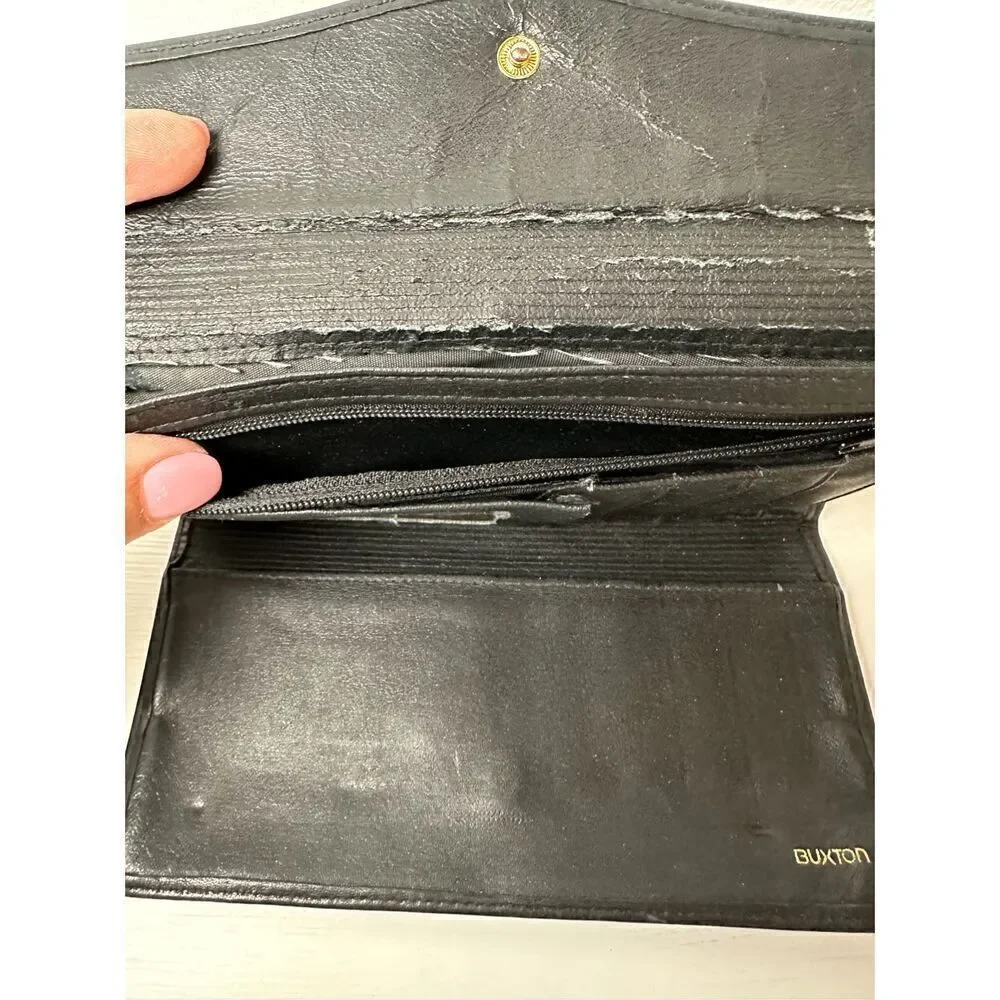 Buxton black leather women’s wallet with coin kiss lock pocket size 7.5”x5” #M-1